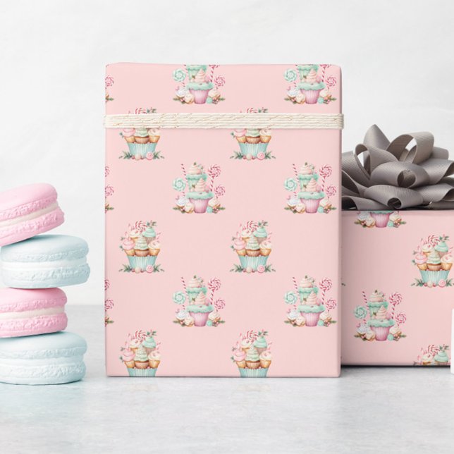 Papel De Presente Aniversário do Cupcake Floco de Neve Rosa de Natal (Pink Christmas Cupcake Wrapping Paper, Candy Sweets Birthday Gift Wrap, Winter Wonderland)