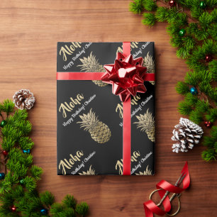 Papel De Presente Aniversário do Dourado Abacaxi Verde Moderno