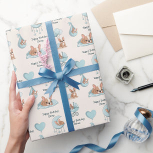 Papel De Presente Aniversário do Menino Bebê Bulldog Francês Fofo Az
