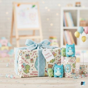 Papel De Presente Aniversário do Monstro Kawaii Pastel Fofo e Amigos