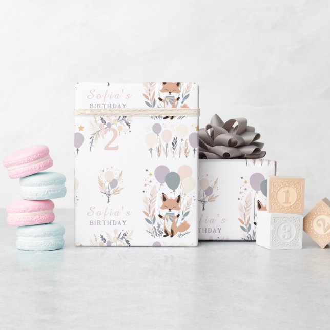 Papel De Presente Aniversário do Pastel Boho Fox e Balões (Chá de bebê)