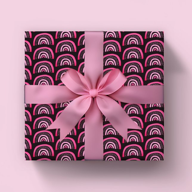 Papel De Presente Aniversário do Rainbow preto rosa (Pink & black rainbow wrapping paper rolls. Perfect for baby shower or girls birthday parties.)