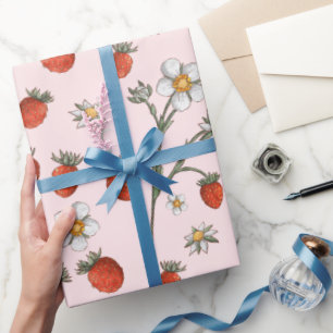 Papel De Presente Aniversário Doce de Morango Floral