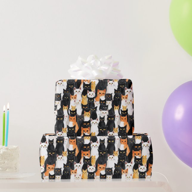 Papel De Presente Aniversário dos Gatos Pretos Brancos Laranja (Presentes para festas)