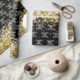 Papel De Presente Aniversário dourado negro nome esparso