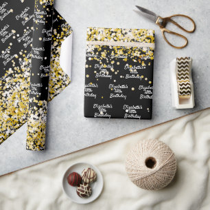 Papel De Presente Aniversário dourado negro nome esparso