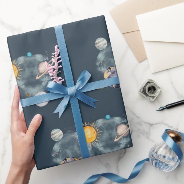 Papel De Presente Aniversário Espaço Sideral Galáxia Sol Lua Estrela (Presentear)