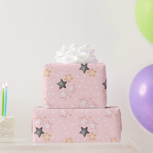 Papel De Presente Aniversário Estrelas Creme Preto Rosa
