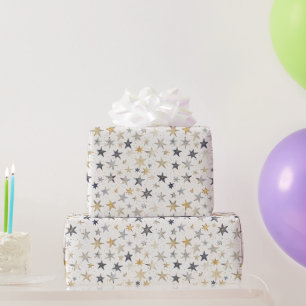Papel De Presente Aniversário Estrelas Douradas Azuis