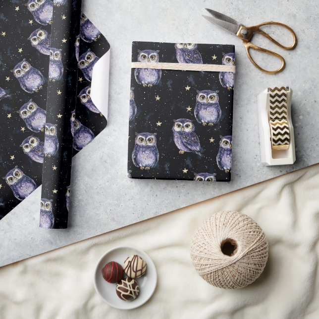 Papel De Presente Aniversário Estrelas Mágicas das Corujas Roxas (Artesanato)