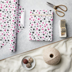Papel De Presente Aniversário Estrelas Preto Prata Rosa