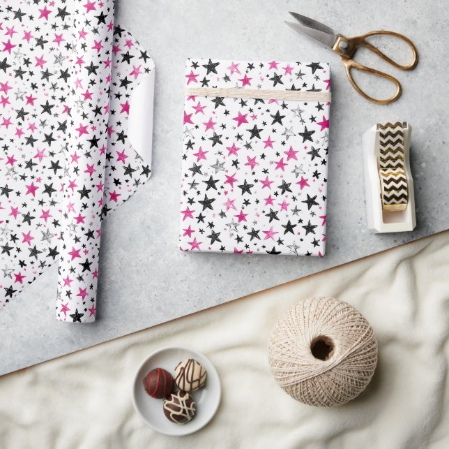Papel De Presente Aniversário Estrelas Preto Prata Rosa (Artesanato)