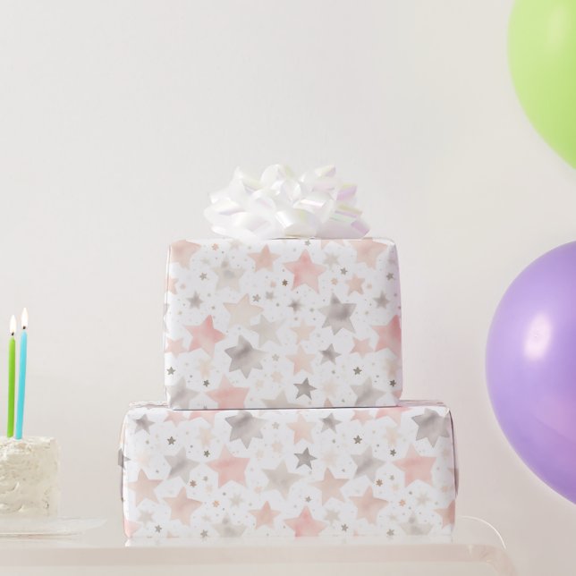 Papel De Presente Aniversário Estrelas Rosa Chic (Presentes para festas)