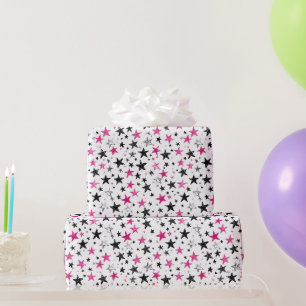 Papel De Presente Aniversário Estrelas Rosa Prata Preto