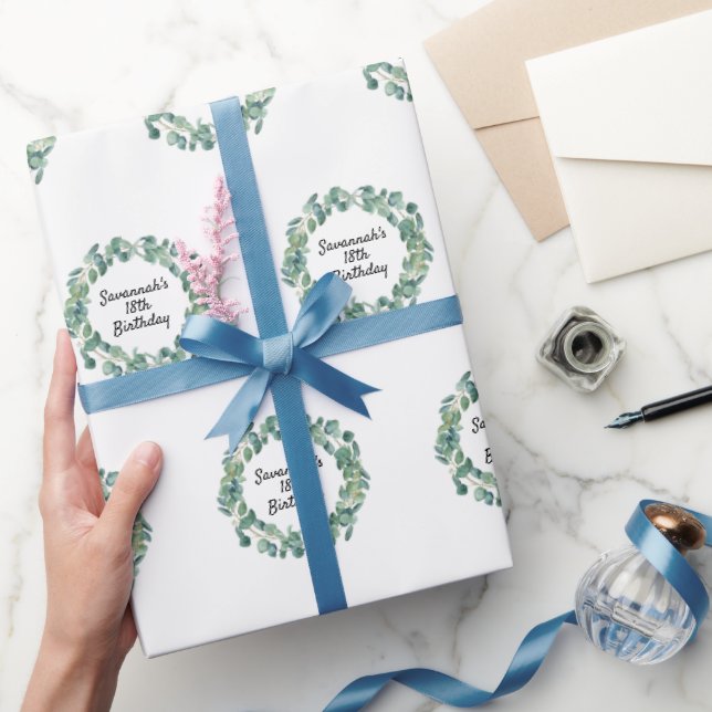 Papel De Presente Aniversário eucalyptus greenery wreath name script (Presentear)