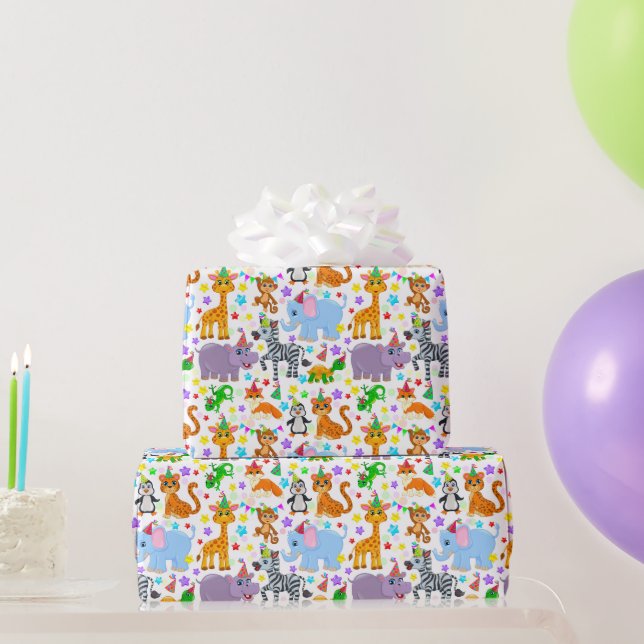 Papel De Presente Aniversário Feliz de Animal para Crianças  (Presentes para festas)