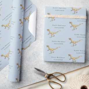 Papel De Presente Aniversário Feliz Personalizado Dinossauro Azul