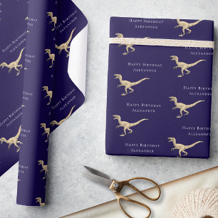 Papel De Presente Aniversário Feliz Personalizado Dinossauro Azul Ma