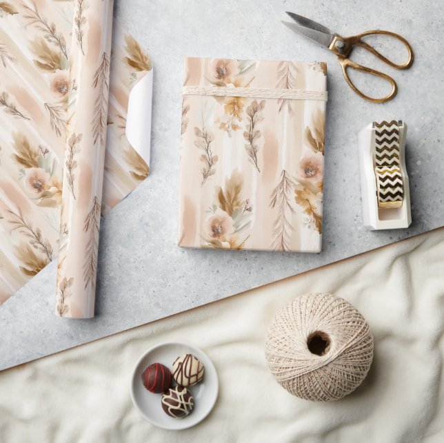 Papel De Presente Aniversário Floral Boho Creme Rústico (Artesanato)