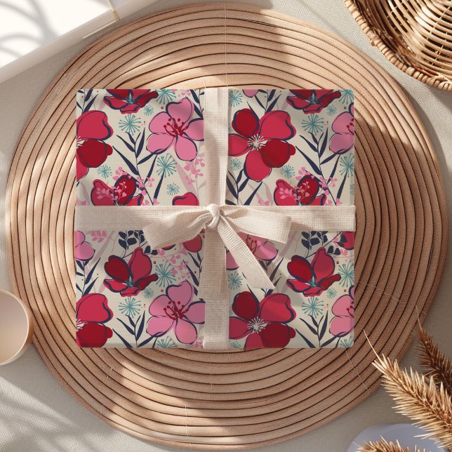 Papel De Presente Aniversário Floral Vermelho e Rosa Moderno (Criador carregado)