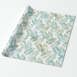 Papel De Presente Aniversário Folhas Tropicais Verde Água Dourado