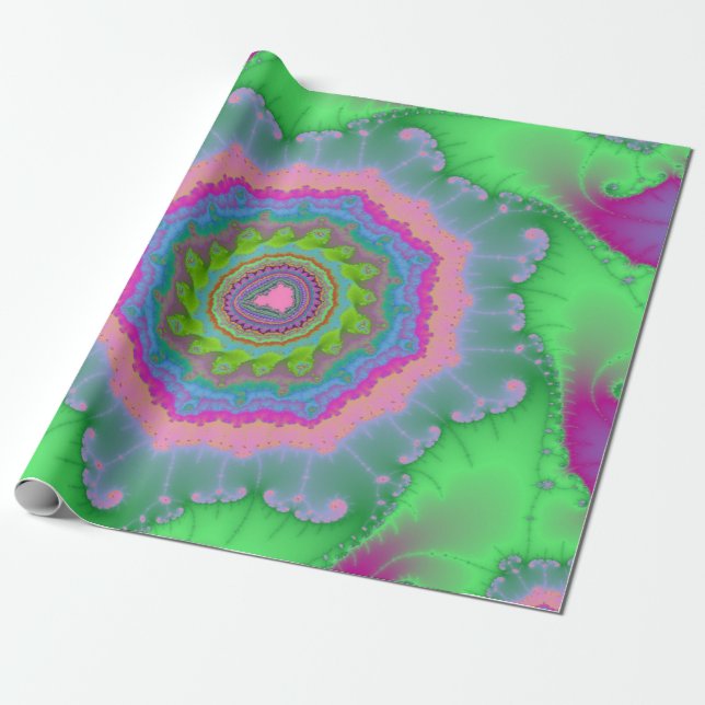 Papel De Presente Aniversário Fractal Verde e Pêssego (Desenrolado)