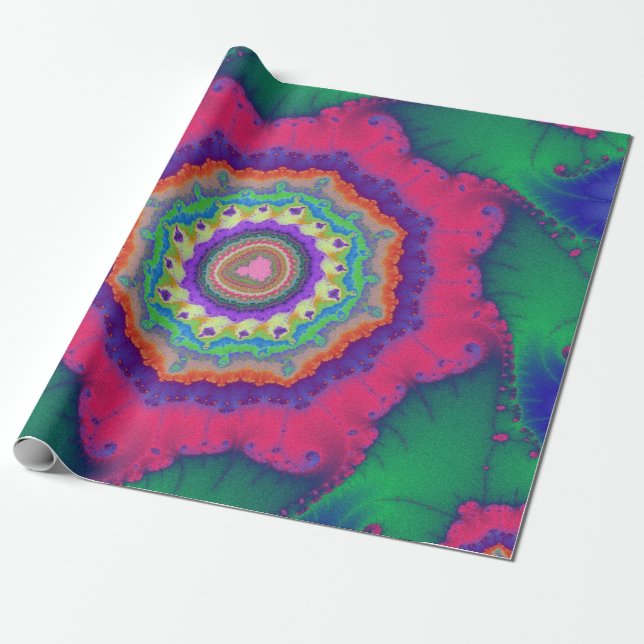 Papel De Presente Aniversário Fractal Verde e Rosa (Desenrolado)