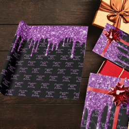 Papel De Presente Aniversário glitter preto púrpura goteja nome glam
