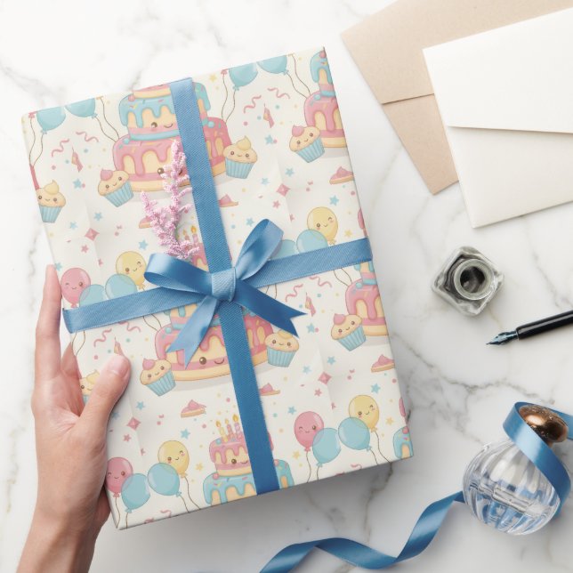 Papel De Presente Aniversário Kawaii - Bolo e Bolinhos Fofo (Presentear)