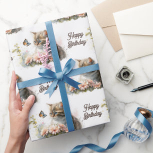 Papel De Presente Aniversário Kitten com Borboleta