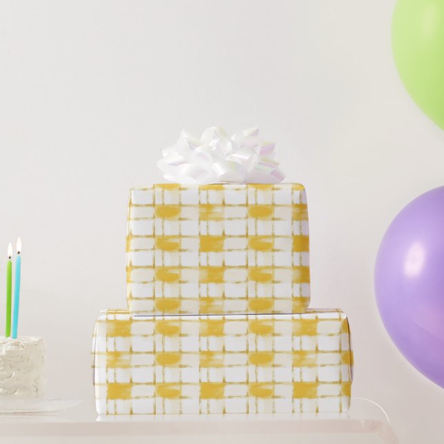 Papel De Presente Aniversário Listras Xadrez Branco Amarelo (Presentes para festas)