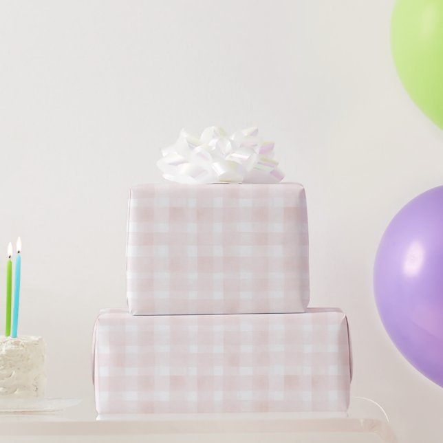 Papel De Presente Aniversário Listras Xadrez Branco Rosa Rubor (Presentes para festas)