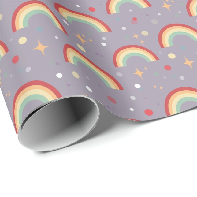 Papel De Presente Aniversário Mágico do Arco-Íris Roxo das Meninas (Ponta do rolo)