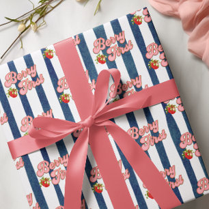 Papel De Presente Aniversário Morango Listras Brancas Azul Marinho