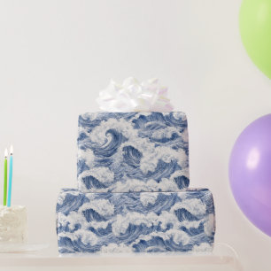 Papel De Presente Aniversário Ondas Azuis Brancas do Oceano