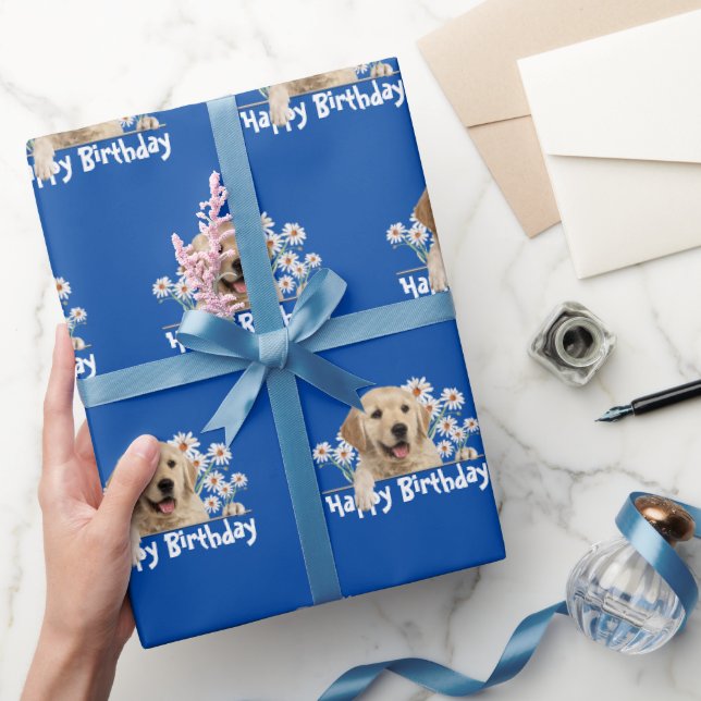Papel De Presente Aniversário Ouro Retriever em Azul (Presentear)