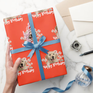 Papel De Presente Aniversário Ouro Retriever em Laranja