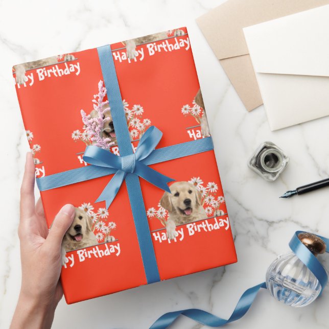 Papel De Presente Aniversário Ouro Retriever em Laranja (Presentear)