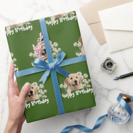 Papel De Presente Aniversário Ouro Retriever em Verde
