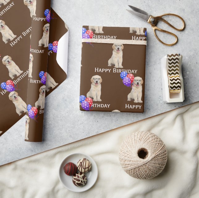 Papel De Presente Aniversário Ouro Retriever Puppy Com Balões (Artesanato)