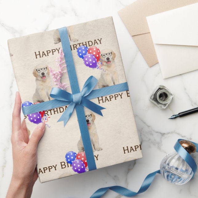 Papel De Presente Aniversário Ouro Retriever Puppy Com Balões (Presentear)