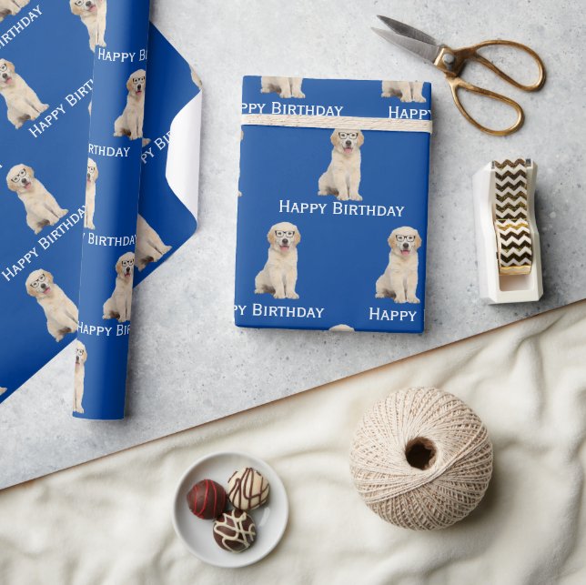 Papel De Presente Aniversário Ouro Retriever Puppy Com Óculos (Artesanato)