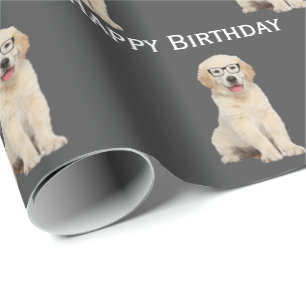 Papel De Presente Aniversário Ouro Retriever Puppy Com Vidro De Óc