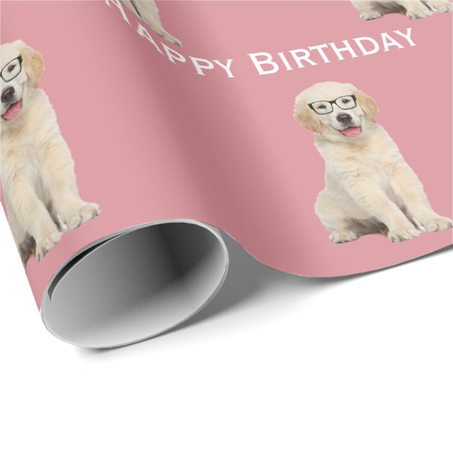 Papel De Presente Aniversário Ouro Retriever Puppy Com Vidro De Ócul (Ponta do rolo)