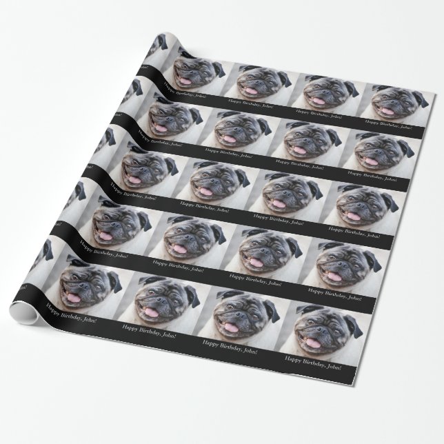 Papel De Presente Aniversário, para John, pug bonito, envoltório de (Desenrolado)