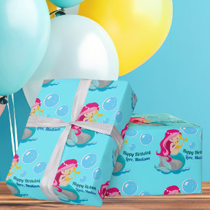 Papel De Presente Aniversário Personalizado da Garota Sereia