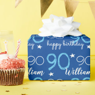 Papel De Presente aniversário personalizado de 90 anos azul