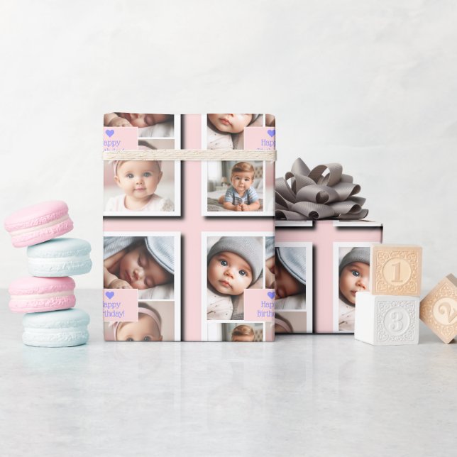 Papel De Presente Aniversário Personalizado Do Bebê De 4 Fotografias (Chá de bebê)