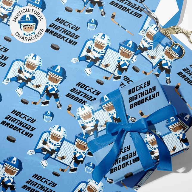 Papel De Presente Aniversário Personalizado do Hockey de Menino Negr (Criador carregado)