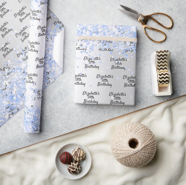 Papel De Presente Aniversário, prata-luz-azul-confetti nome esparso (Artesanato)